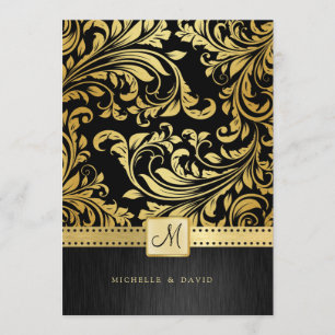 Convite Damasco floral preto e Dourado elegante
