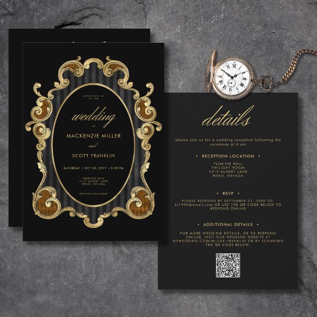 Convite Damasco Gótico Dourado Preto Frame Preto Dois Lado (Gothic Striped Damask Black & Gold Frame Wedding Invitation)