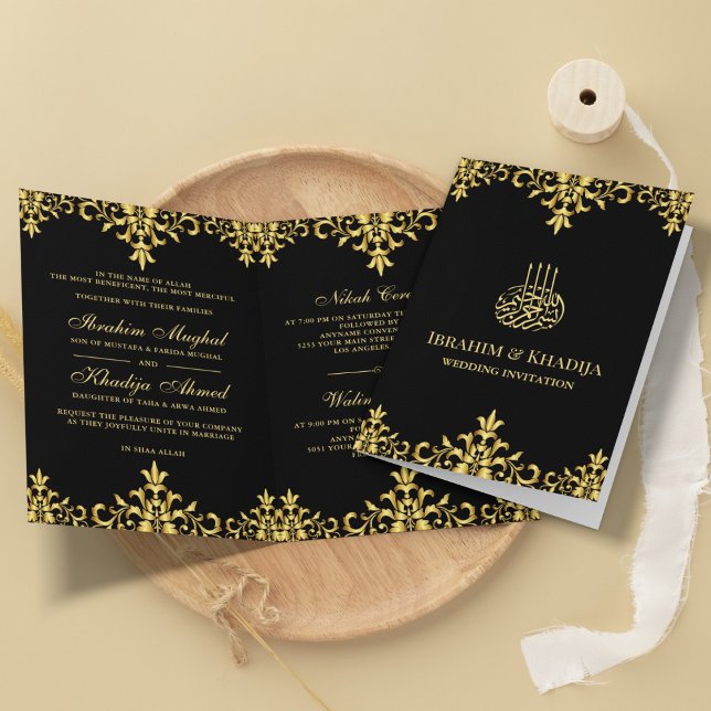 Convite Damasco Islâmico de Casamento com Folha Preta e Do (Criador carregado)