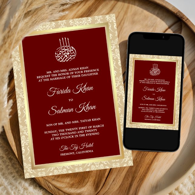 Convite Damasco Islâmico Vermelho Creme Casamento Muçulman (Criador carregado)