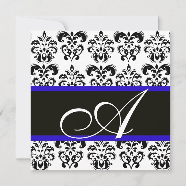 CONVITE DAMASCO MONOGRAMA PRETO, AZUL E BRANCO (Frente)