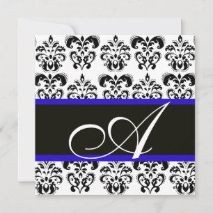 CONVITE DAMASCO MONOGRAMA PRETO, AZUL E BRANCO