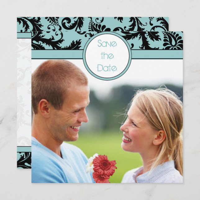 Convite Damasco Negro no Casamento de Aqua Guarde a Data (Frente/Verso)