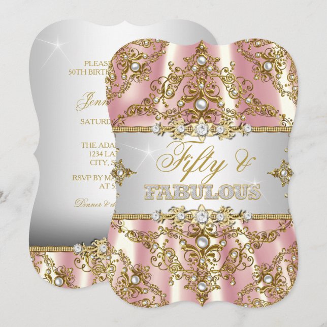 Convite Damasco Pérola Rosa Dourado Cinquenta e Fabuloso (Frente/Verso)
