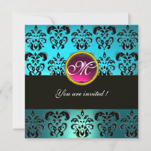 Convite DAMASCO PRETO AZUL MONOGRAMA, ametista rosa turque