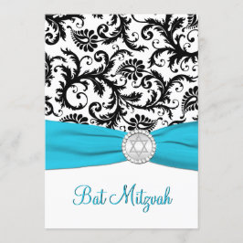 Convite Damasco Preto, Branco com Fita Impressa Aqua