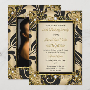 Convite Damasco Preto Dourado Bege Foto Festa de Aniversár