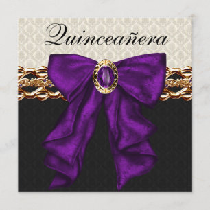 Convite Damasco Preto Dourado Roxo Quinceanera