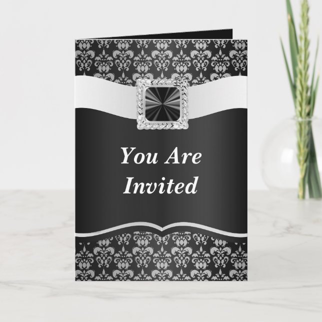 Convite Damasco preto e branco (Frente)