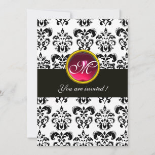 Convite DAMASCO PRETO E BRANCO MONOGRAMA, rubi vermelho, f