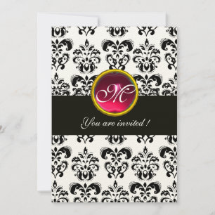 Convite DAMASCO PRETO E BRANCO MONOGRAMA, rubi vermelho, f