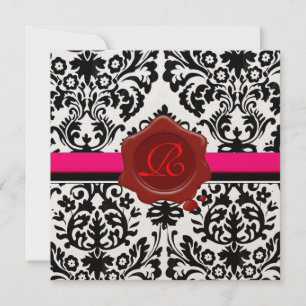 CONVITE DAMASCO PRETO E BRANCO, SELADO COM LACRE VERMELHO 