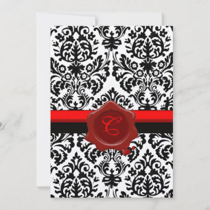 CONVITE DAMASCO PRETO E BRANCO, SELADO COM LACRE VERMELHO
