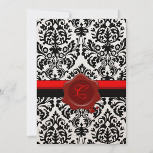 CONVITE DAMASCO PRETO E BRANCO, SELADO COM LACRE VERMELHO