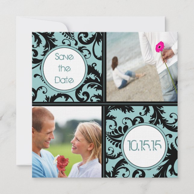 Convite Damasco Preto em Aqua Save the Date de Casamento (Frente)