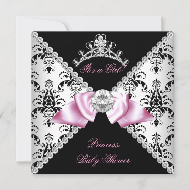 Convite Damasco Preto Laço Rosa Princesa Chuveiro de Bebê  (Frente)