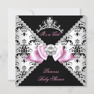 Convite Damasco Preto Laço Rosa Princesa Chuveiro de Bebê