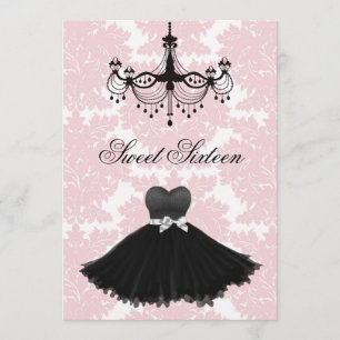 Convite Damasco Preto Rosa Chandelier Sweet Sesseis Birthd