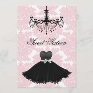 Convite Damasco Preto Rosa Chandelier Sweet Sesseis Birthd