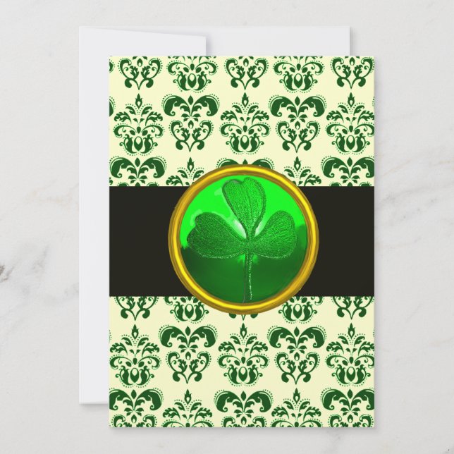 Convite DAMASCO VERDE BRANCO COM TREVO DE QUATRO FOLHAS Pr (Frente)