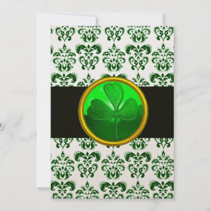 Convite DAMASCO VERDE BRANCO COM TREVO DE SHAMROCK Preto C