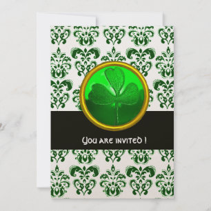 Convite DAMASCO VERDE LARANJA COM SHAMROCK Preto Branco