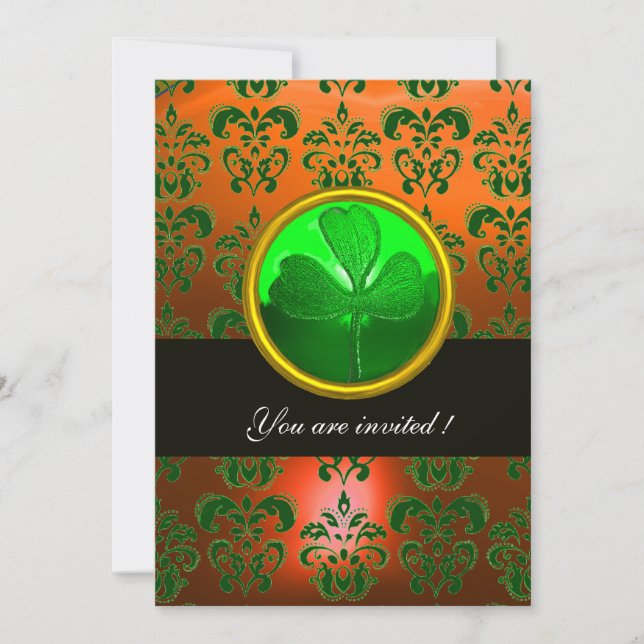 CONVITE DAMASCO VERDE LARANJA COM TREVO DE QUATRO FOLHAS,  (Frente)