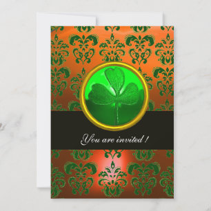 CONVITE DAMASCO VERDE LARANJA COM TREVO DE QUATRO FOLHAS,