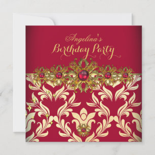 Convite Damasco Vermelho Dourado Festa de Aniversário Eleg