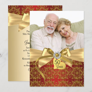 Convite Damasco Vermelho Dourado & Foto Arco de 50º Aniver