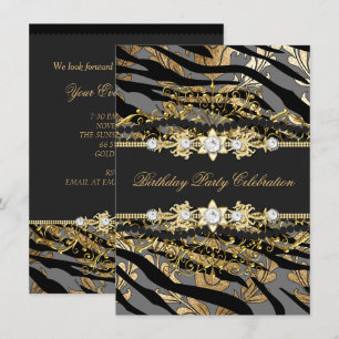 Convite Damasco Zebra Dourado Preto Folha Bege Elegante Fe