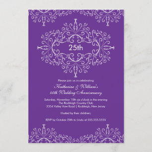 Convite Damask 25º Aniversário Roxo Branco