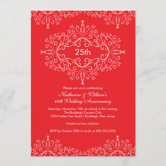 Convite Damask 25º Aniversário Vermelho Branco