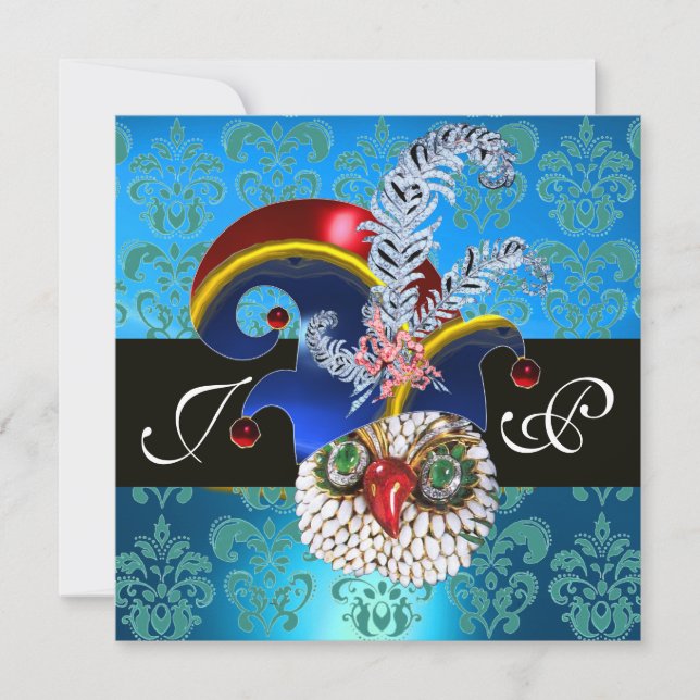 CONVITE DAMASK AZUL, JEWEL OWL, ELF HAT, VIAGENS DE DIAMAN (Frente)