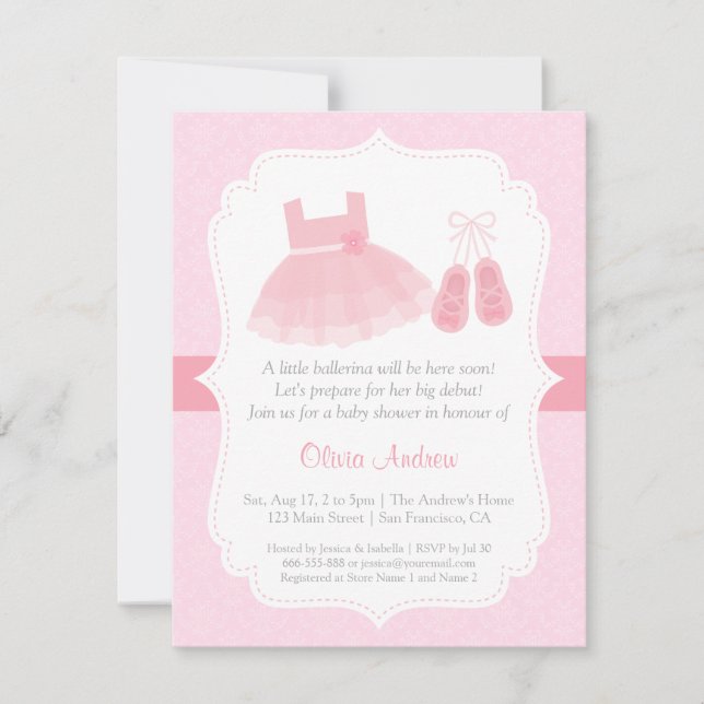 Convite Damask Ballerina Girl Baby Shower (Frente)