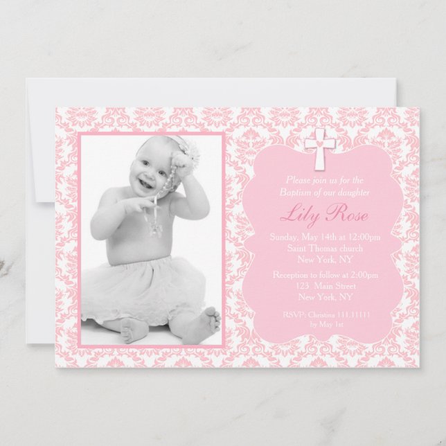 Convite Damask Baptism Natal Chamando Garota (Frente)