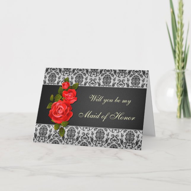 Convite Damask black gray, red roses Maid of Honor Request (Frente)