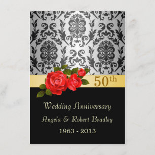 Convite Damask Black, rosa vermelha 50º Aniversário de Cas