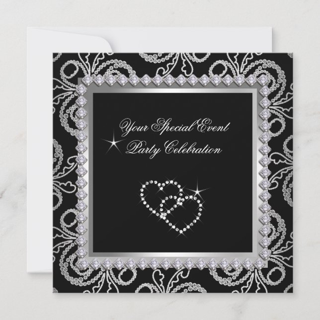 Convite Damask Black Silver Diamouros Heart Party (Frente)