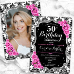 Convite Damask Black Silver Pink Foto 50th Birthday<br><div class="desc">Elegante convite floral feminino de 50 anos com sua foto no final do cartão. Design cor-de-rosa preto-claro com prata brilhante. Apresenta cor damasco preta e branca, rosas cor-de-rosa, fonte de script e confetti. Perfeito para uma festa de comemoração de na moda adulto. Personalize com seus próprios detalhes. Pode ser personalizado...</div>