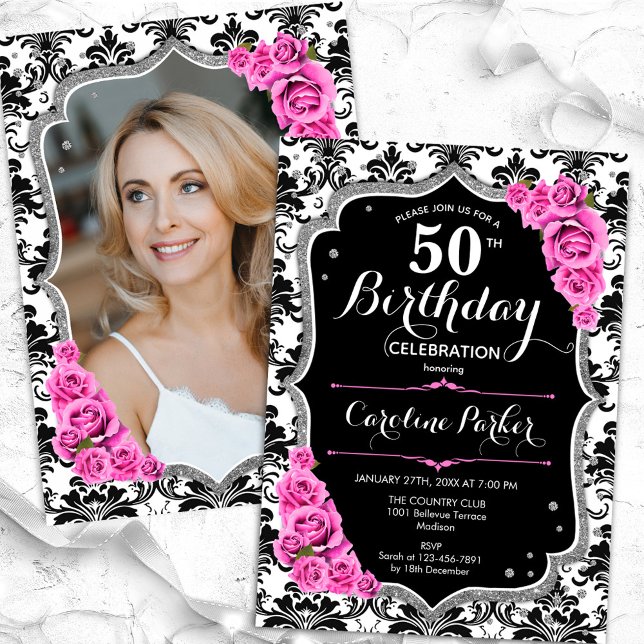 Convite Damask Black Silver Pink Foto 50th Birthday (Criador carregado)