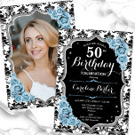 Convite Damask Black Silver Royal Blue Foto 50º aniversári<br><div class="desc">Elegante convite floral feminino de 50 anos com sua foto no final do cartão. Design azul poeirento branco preto brilhante com prata brilhante. Apresenta cor damasco preta e branca, rosas azuis claros, fonte de script e confetti. Perfeito para uma festa de comemoração de na moda adulto. Personalize com seus próprios...</div>