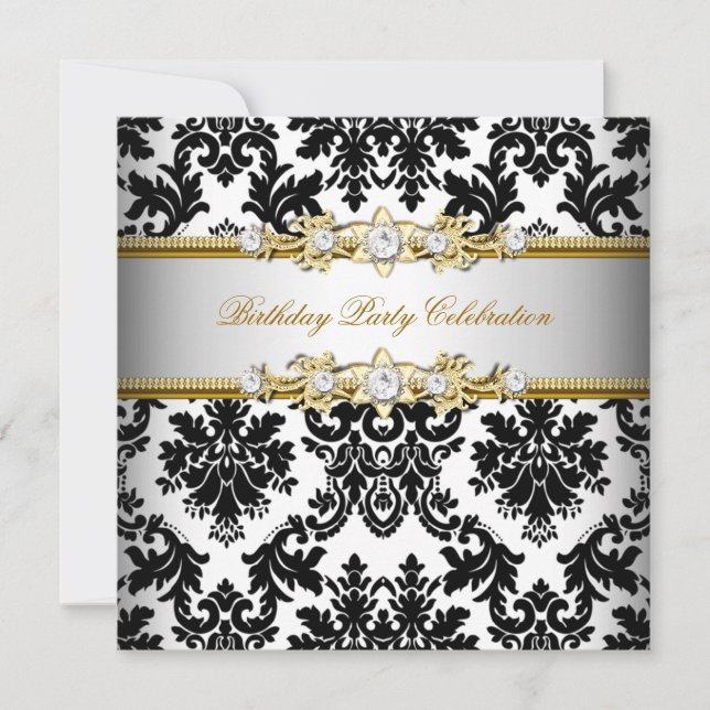 Convite Damask Black White, Dourado Festa Elegante de Prat (Frente)