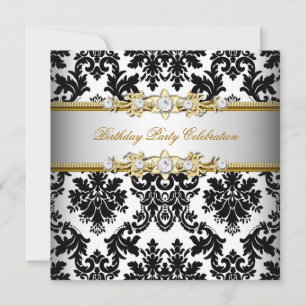 Convite Damask Black White, Dourado Festa Elegante de Prat