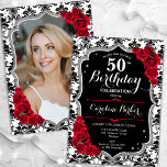 Convite Damask Black White Silver Red Foto 50th Birthday<br><div class="desc">Elegante convite floral feminino de 50 anos com sua foto no final do cartão. Design branco preto-claro-claro com prata brilhante. Apresenta cor damasco preta e branca, rosa vermelha, fonte de script e confetti. Perfeito para uma festa de comemoração de na moda adulto. Personalize com seus próprios detalhes. Pode ser personalizado...</div>
