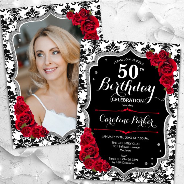 Convite Damask Black White Silver Red Foto 50th Birthday (Criador carregado)