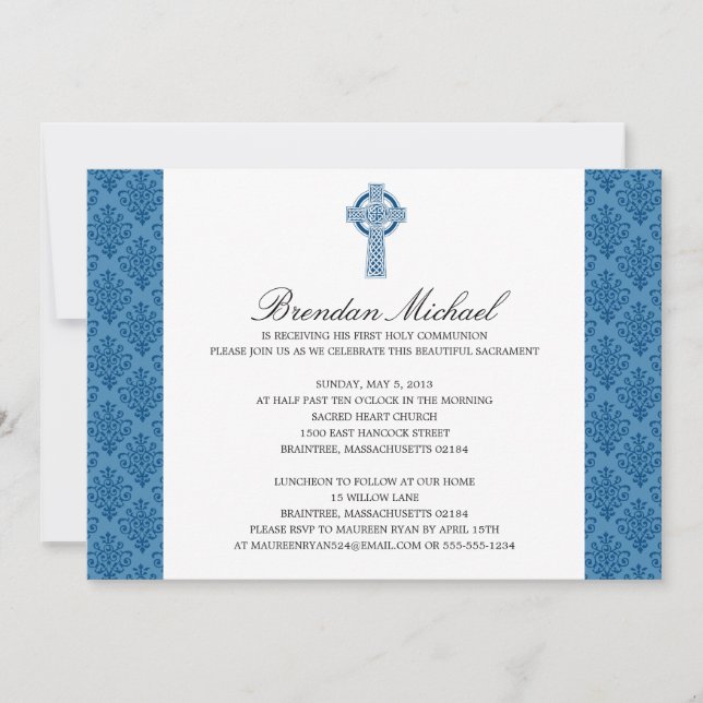 Convite Damask Celtic Cross First Communtion (Frente)