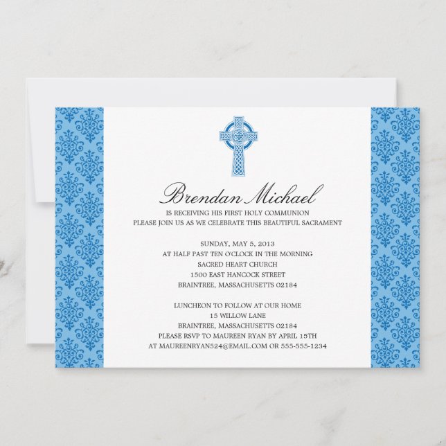 Convite Damask Celtic Cross First Communtion (Frente)