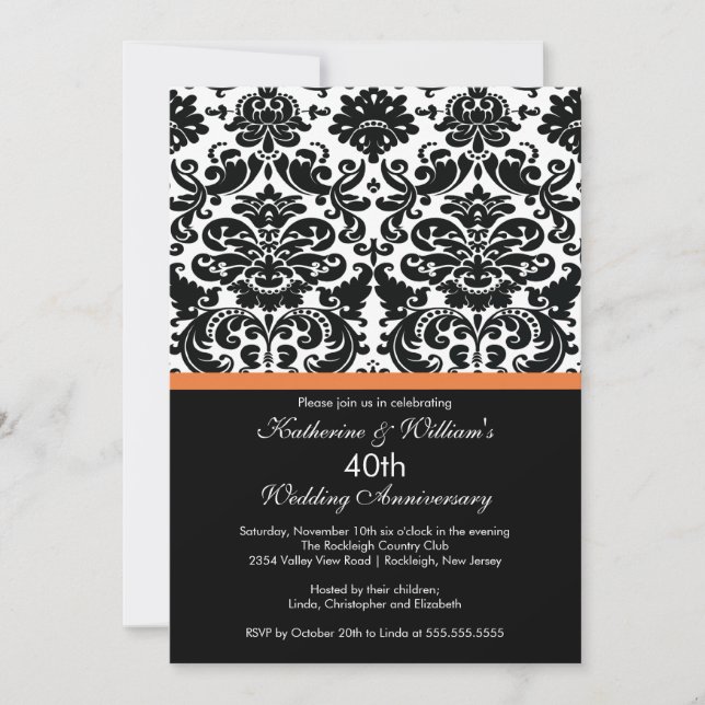 Convite Damask Coral Rose 40º Aniversário (Frente)