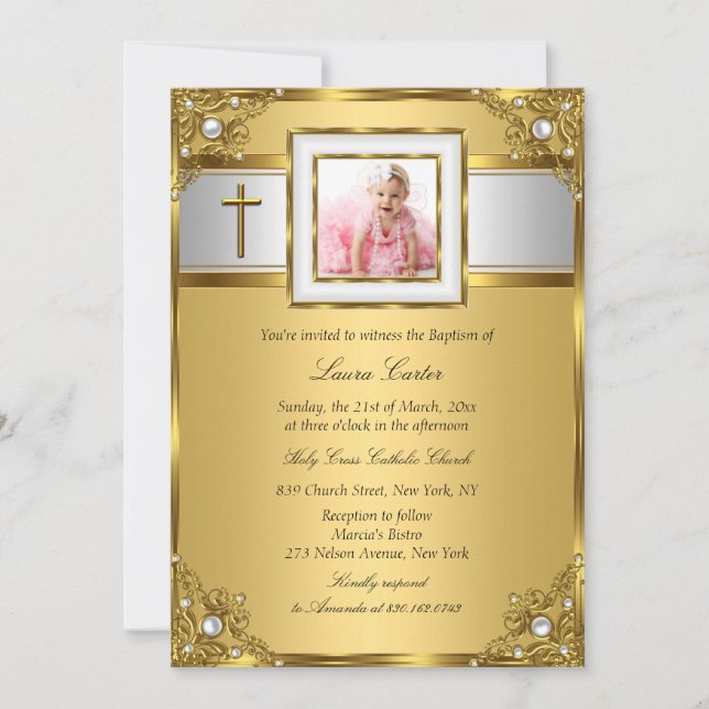 Convite Damask & Cross Dourado Photo Baptism/Christening (Frente)
